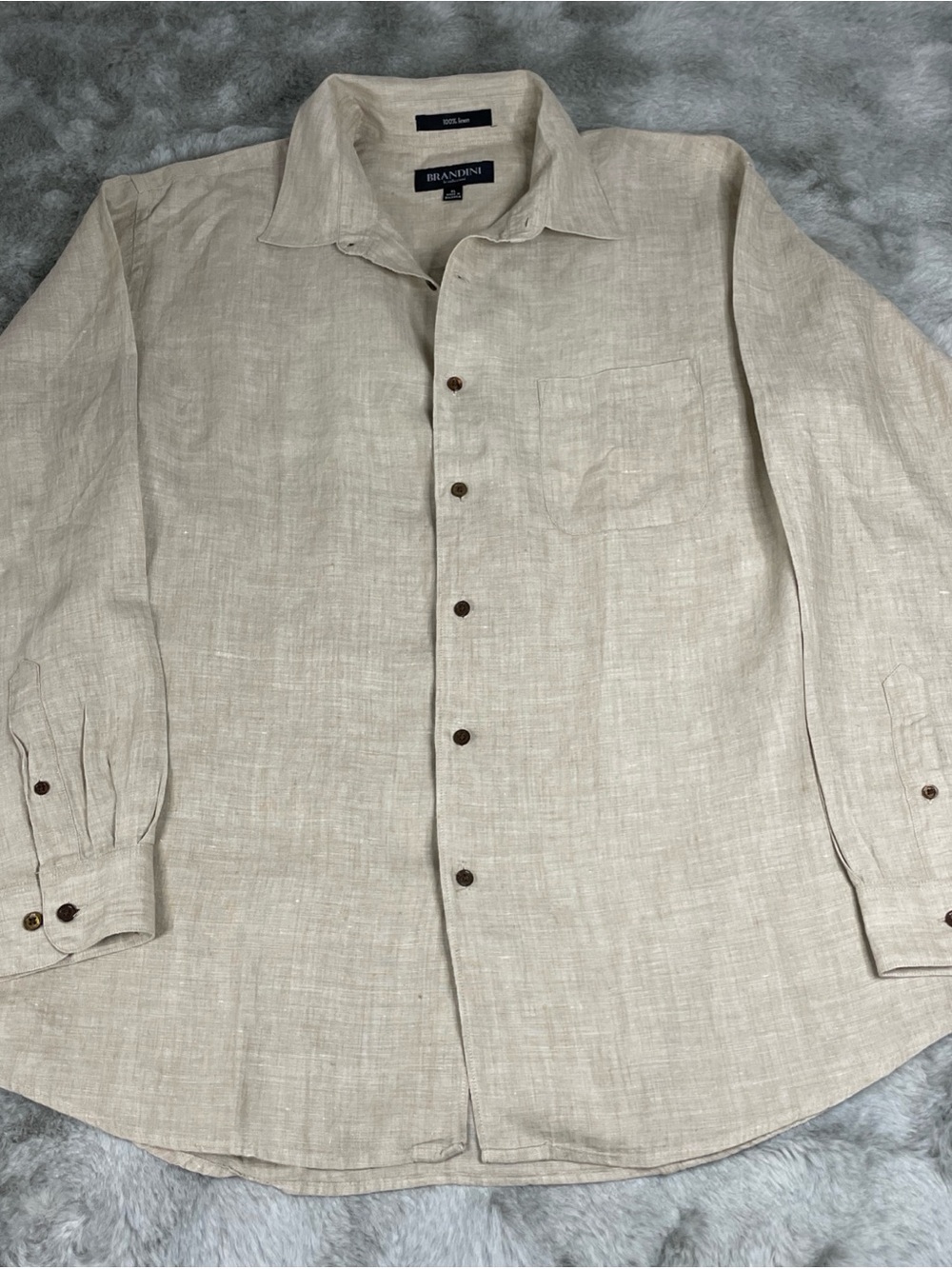 100% Linen Mens XLarge Beige Long Sleeve Button Down Shirt Brandini -0234